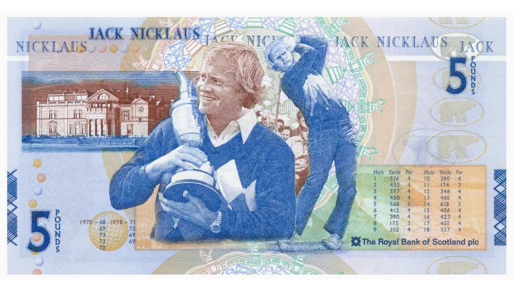 Billete Escocia 5 Pounds 2005 Banco Royal Bank of Scotland Conmemorativo golfista Jack Nicklaus   - Numisfila