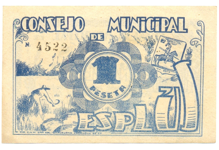 Billete de Emergencia Guerra Civil Española, Consejo Municipal de Esplus 1 Peseta 1937  - Numisfila