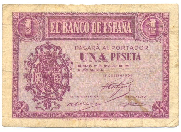 Billete España 1 Peseta 1937  - Numisfila