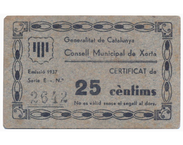 Billete España 25 Céntimos 1937 Tarragona Ayuntamiento Xerta Cataluña - Numisfila