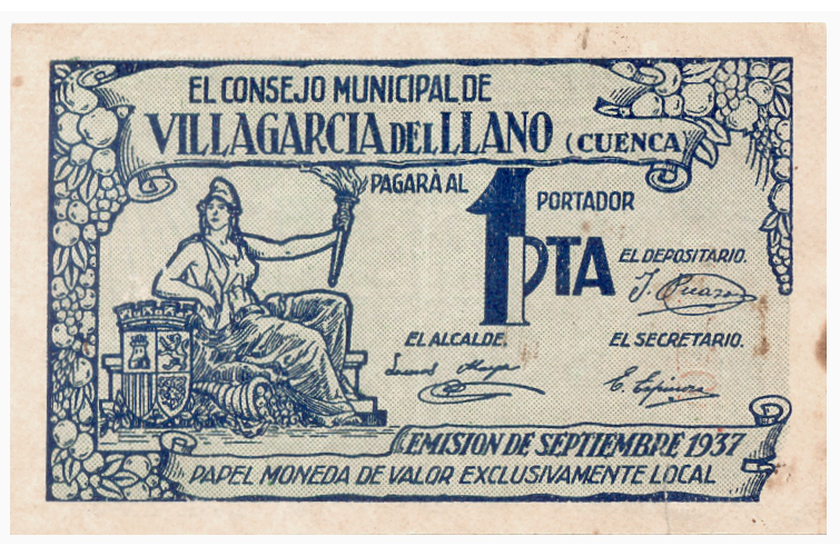 Billete España 1 Peseta 1937 Municipio de Villagarcia del Llano Cuenca - Numisfila