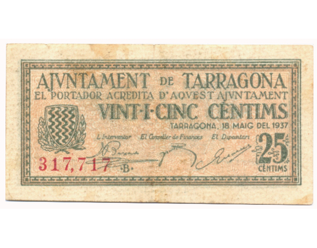 Billete España 25 Céntimos 1937 Provincia de Tarragona   - Numisfila