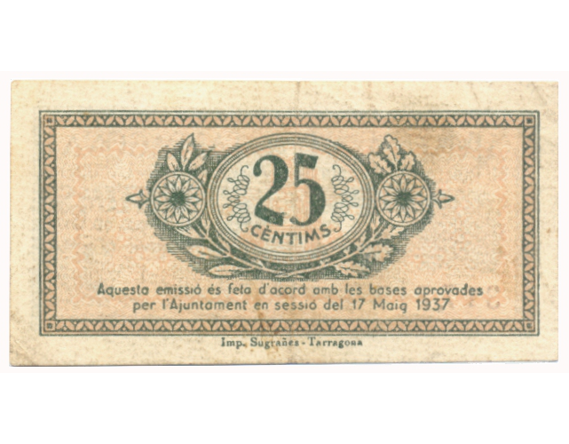 Billete España 25 Céntimos 1937 Provincia de Tarragona   - Numisfila