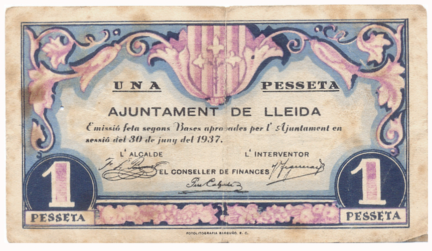 Billete España 1 Peseta 1937 Municipio de Lérida - Numisfila