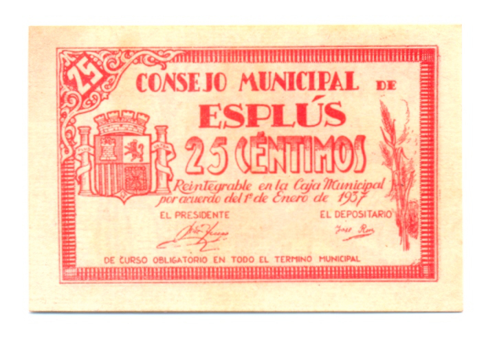 Billete de Emergencia Guerra Civil Española, Consejo Municipal de Esplus 25 Centimos 1937  - Numisfila