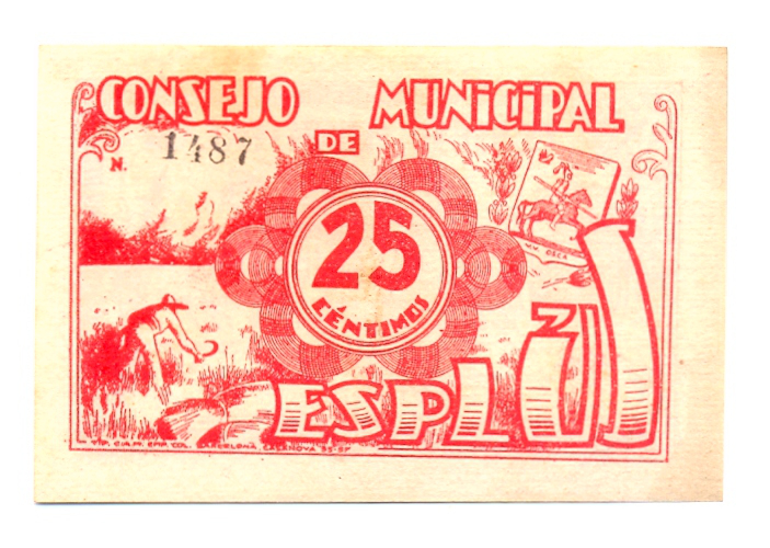 Billete de Emergencia Guerra Civil Española, Consejo Municipal de Esplus 25 Centimos 1937  - Numisfila