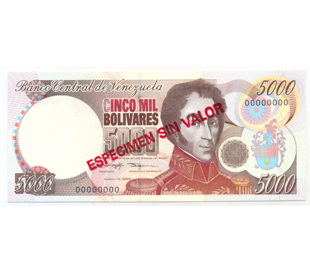 Billete Especimen Sin Valor 5000 Bolivares 1996 - Numisfila