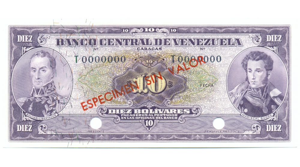 Billete 10 Bolívares 1963/70 Especimen Sin Valor Serial T0000000  - Numisfila