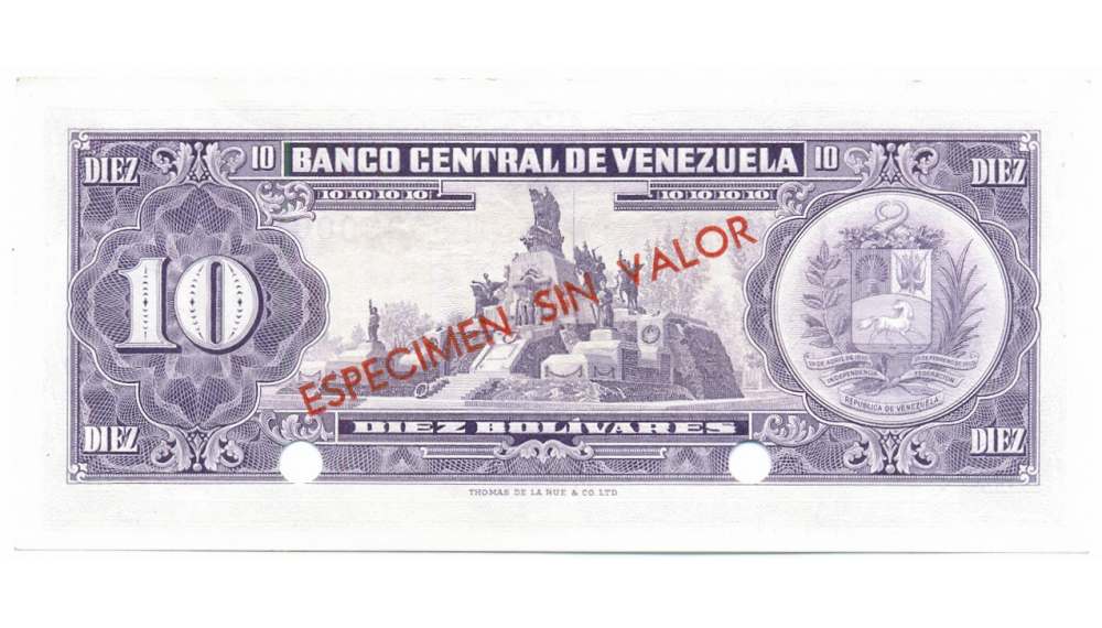 Especimen Sin Valor Billete 10 Bolívares 1963/1970 T7 Serial T0000000  - Numisfila