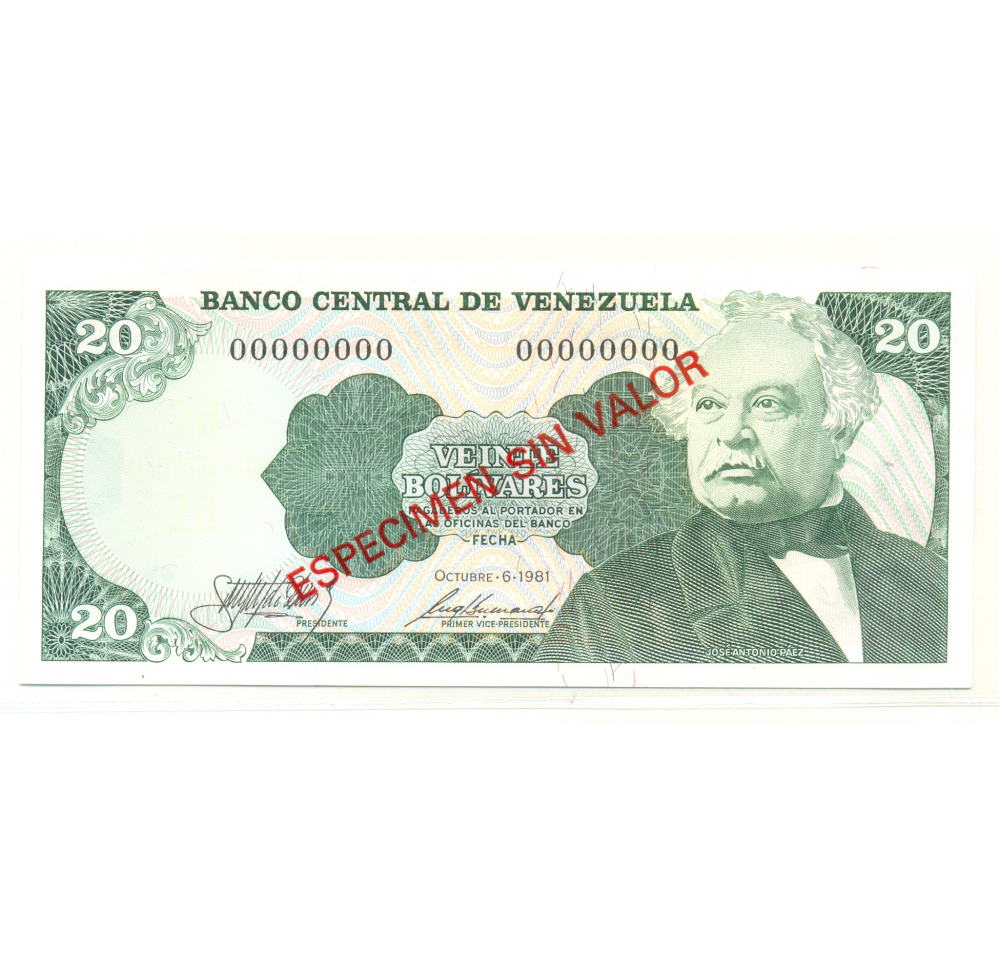 Espécimen sin valor Billete 20 Bolívares 1989  - Numisfila
