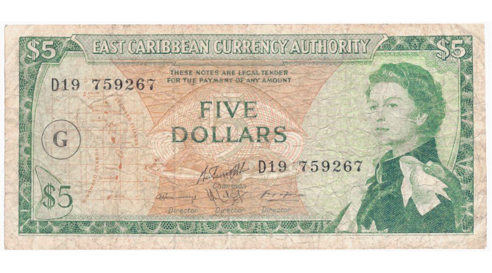 Granada G Billete Estados del Caribe Oriental 5 Dólares 1965  Reina Isabel II - Numisfila