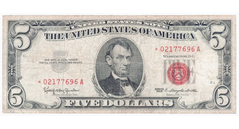 Billete Reposición Estados Unidos 5 Dólares 1963 Serial * 02177696 A - Numisfila