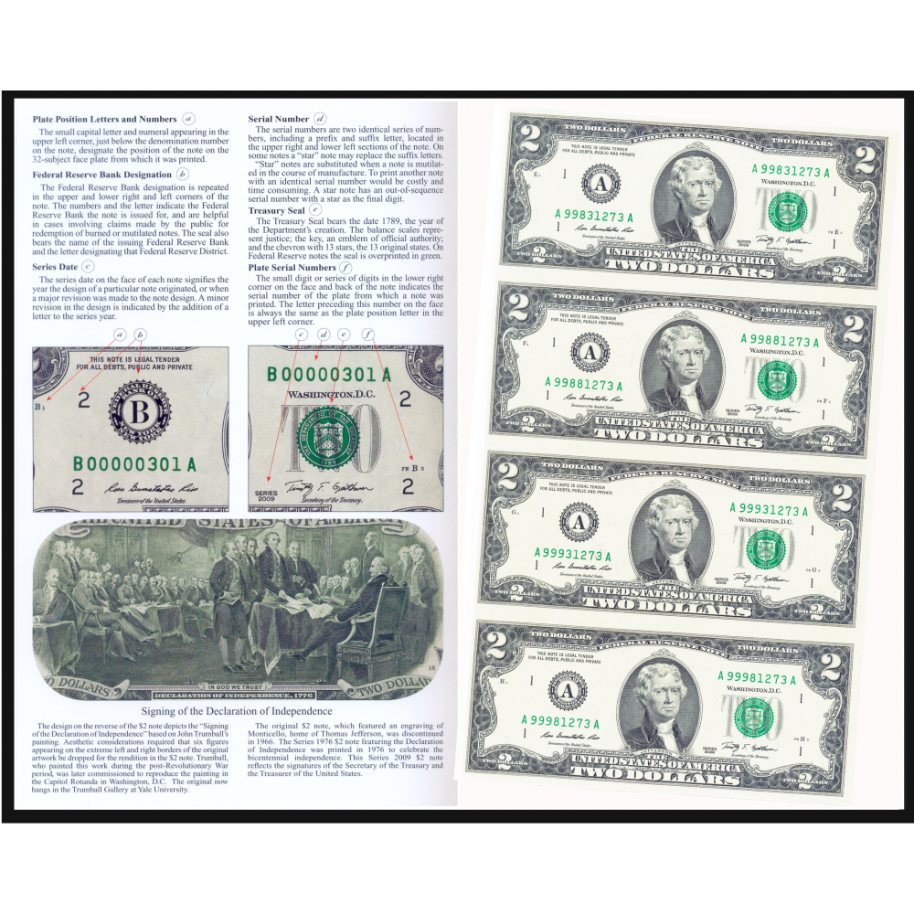 E.E.U.U. Pliego 4 Billetes 2 Dollars 2009 Estuche de la Reserva Federal   - Numisfila