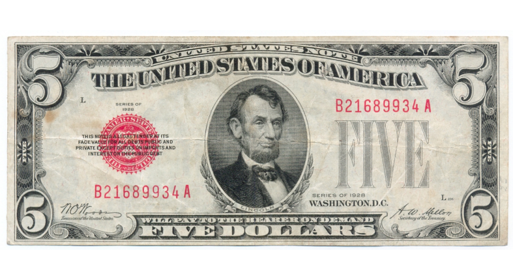 Billete EE. UU. 5 Dollars 1928 Sello Rojo Abraham Lincoln - Numisfila
