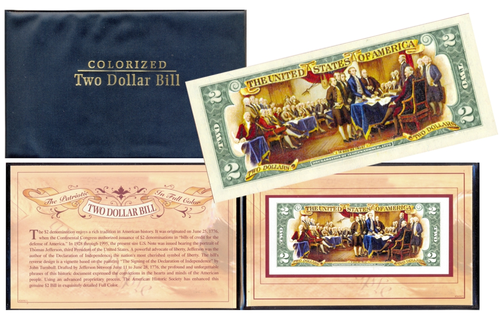 Set Presentación EE.UU Billete Coloreado 2 Dólares Reverso "Declaration of Independence" - Numisfila