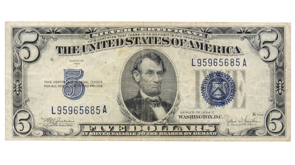 Billete EE.UU. 5 Dollars 1934 Sello Azul Abraham Lincoln - Numisfila