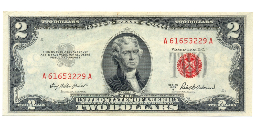 Billete EE. UU. 2 Dollars 1953 A  Sello Rojo - Thomas Jefferson - Numisfila
