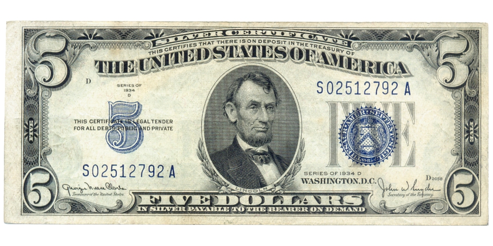 Billete EE.UU. 5 Dollars 1934 D Sello Azul Abraham Lincoln - Numisfila