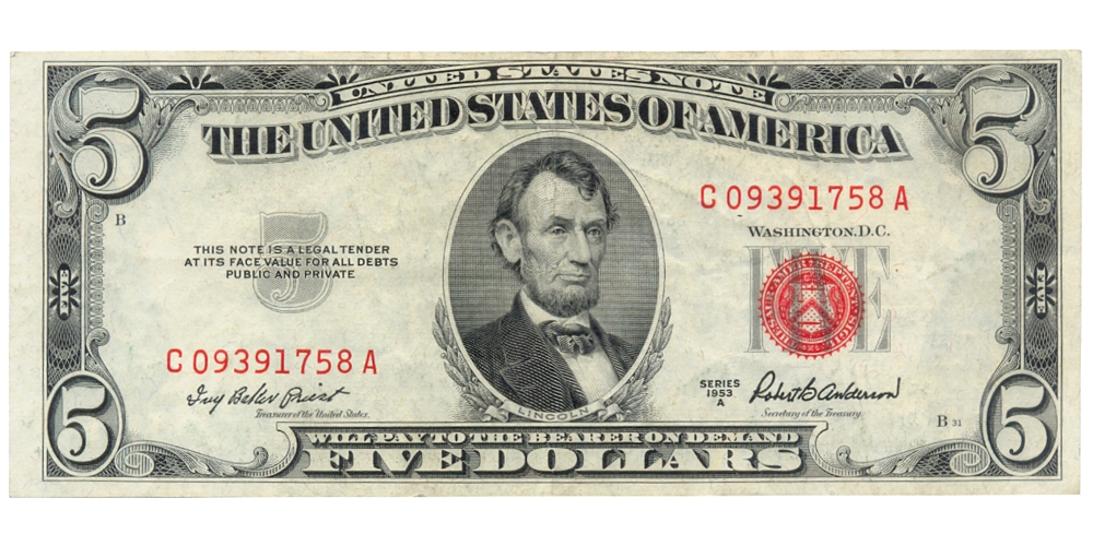 Billete EE.UU. 5 Dollars 1953 A Sello Rojo Abraham Lincoln - Numisfila