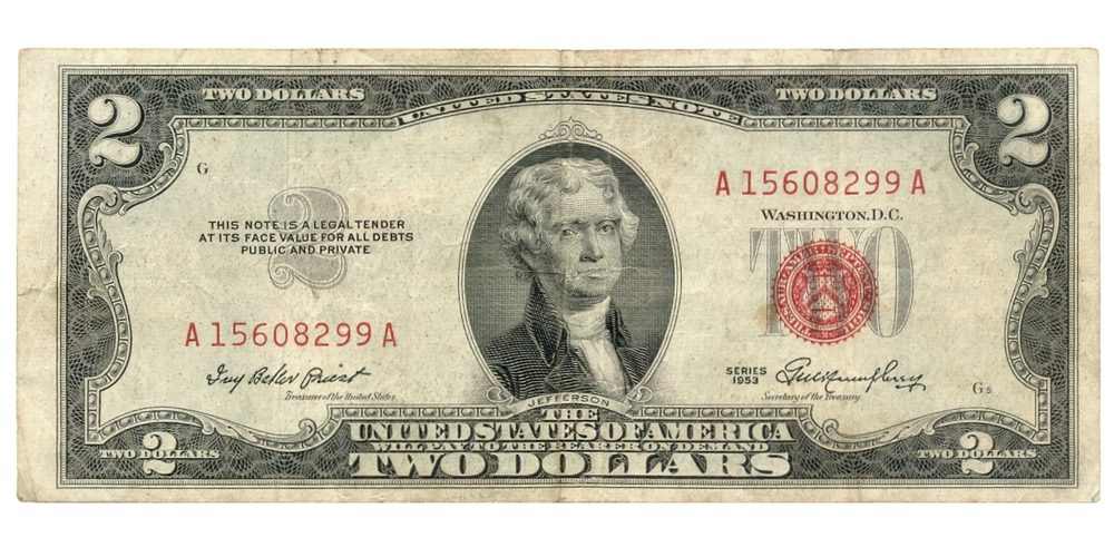 Billete EE. UU. 2 Dollars 1953  Sello Rojo - Thomas Jefferson - Numisfila