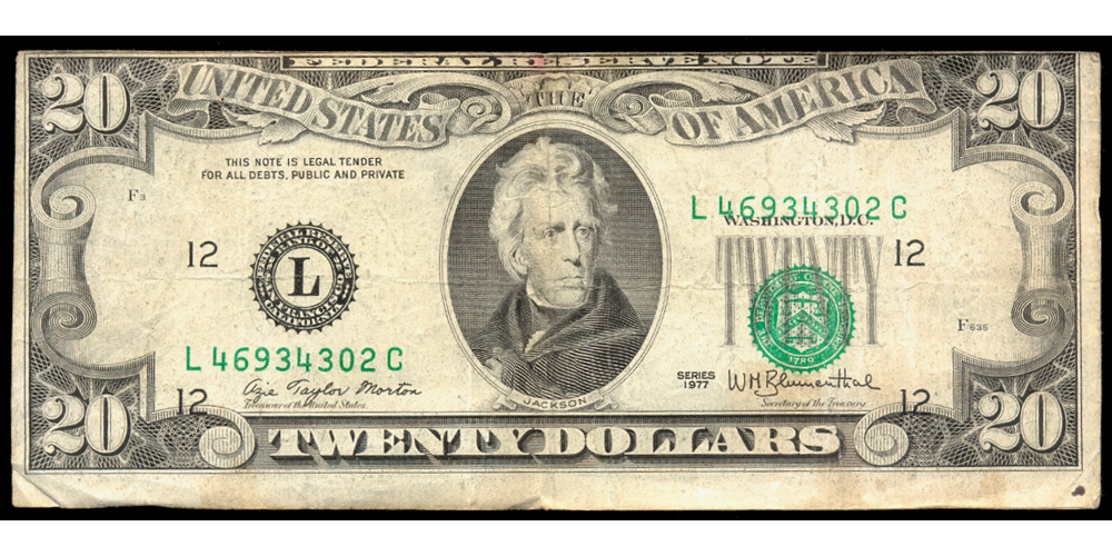 EE. UU. Billete 20 Dollars 1977 L46934302C Desplazado  - Numisfila