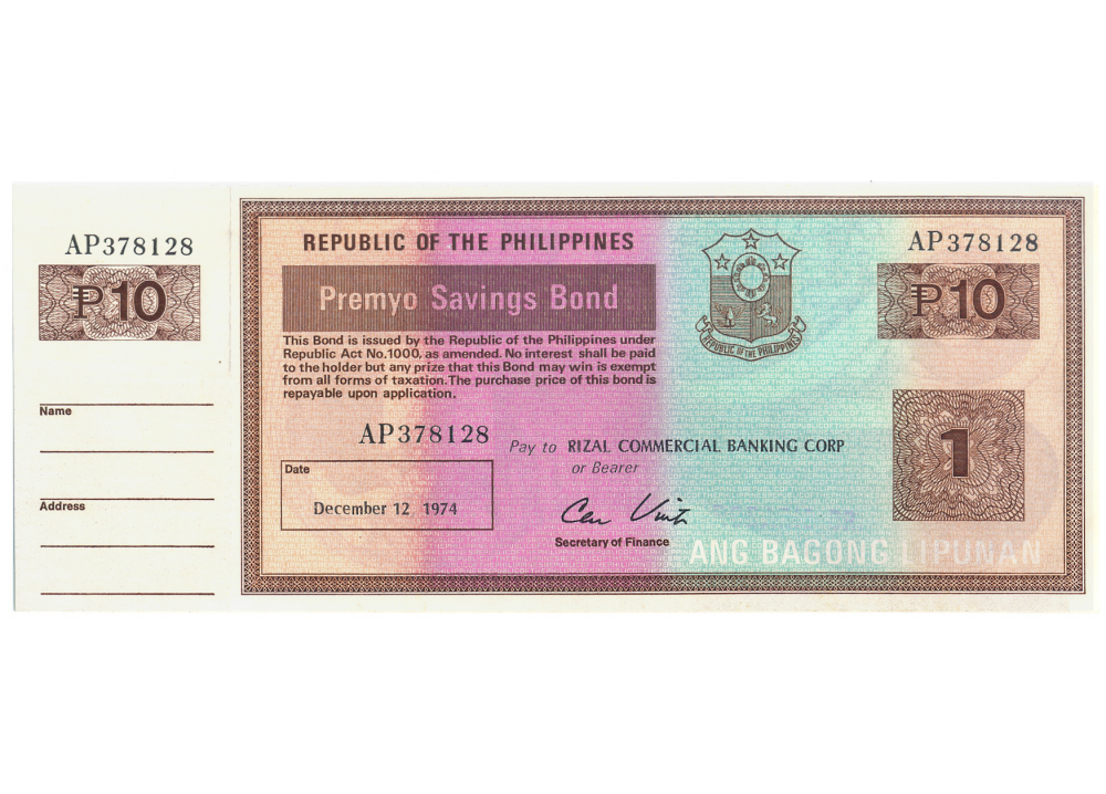 Bono de Ahorro Filipinas 10 Piso 1974 con Talón Rizal  - Numisfila