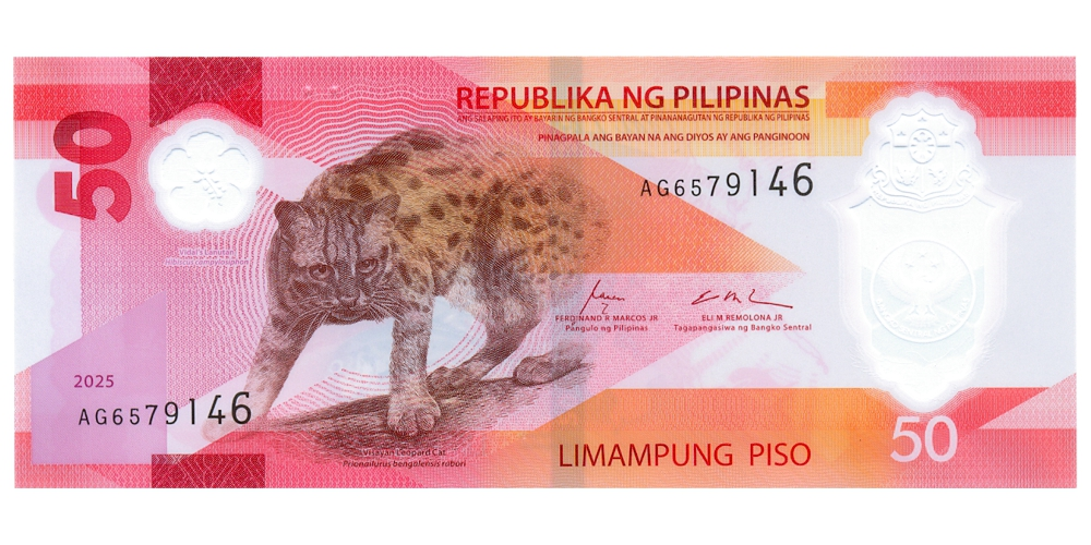 Billete Plástico Filipinas 50 Pisos 2025 - Gato leopardo visayo  - Numisfila