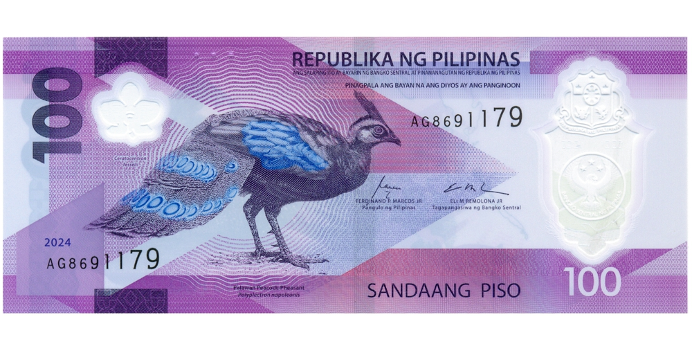 Billete Plástico Filipinas 100 Pisos 2024 - Pavo Real de Palawan - Numisfila