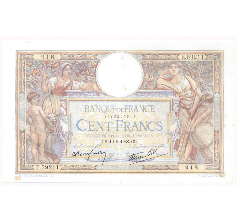 Billete Francia 100 Frans 1934-38  - Numisfila