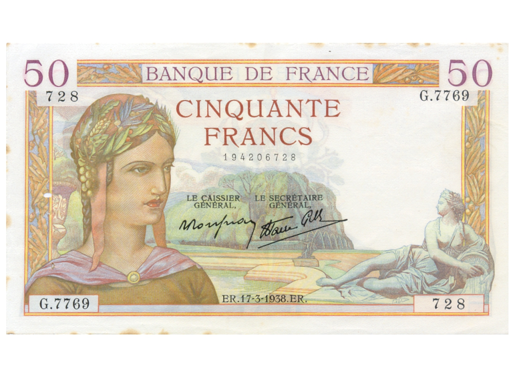 Billete Francia 50 francos 1938 Deméter y Mercurio  - Numisfila