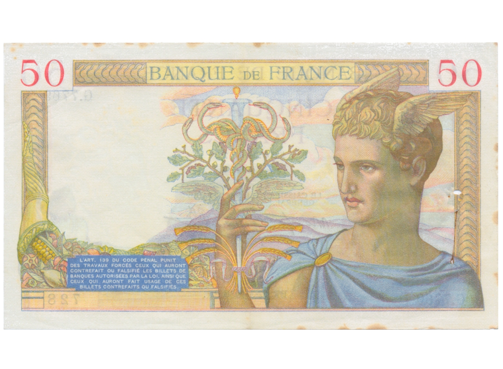 Billete Francia 50 francos 1938 Deméter y Mercurio   - Numisfila