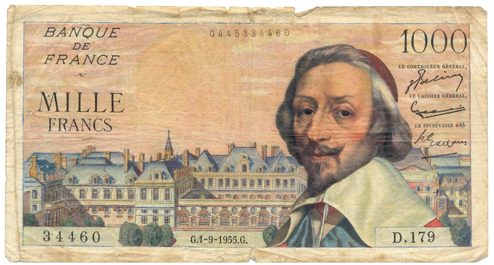 Billete Francia 1000 Francos 1955 - Cardenal Richelieu - Numisfila