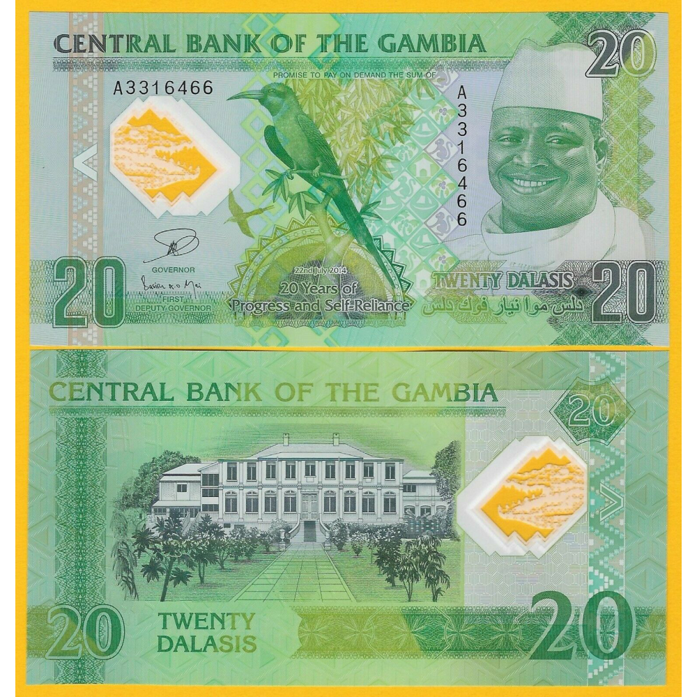 Billete Plastico Gambia 20 Dalasis 2014 Abejaruco  - Numisfila