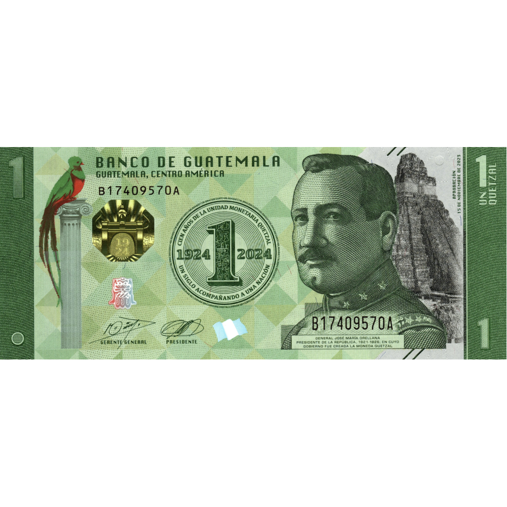 Billete Guatemala 1 Quetzal 2024 Conmemorativo 100 Años de la Moneda Quetzal - Numisfila