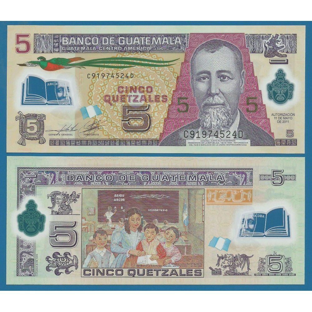 Billete Plástico Guatemala 5 Quetzales de 2011  - Numisfila