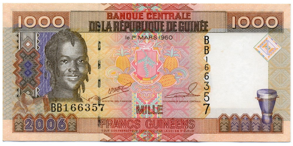 Billete Guinea 1000 Francs 2006 Joven y Mina - Numisfila