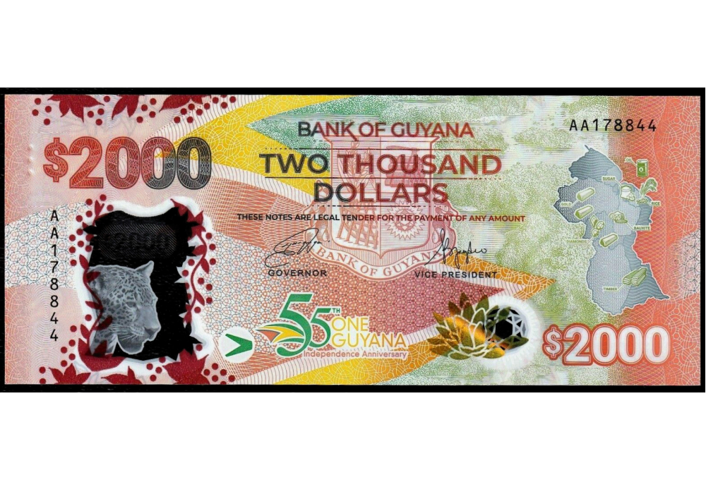 Billete Plástico Guyana 2000 Dólares 2022 Conmemorativo   - Numisfila