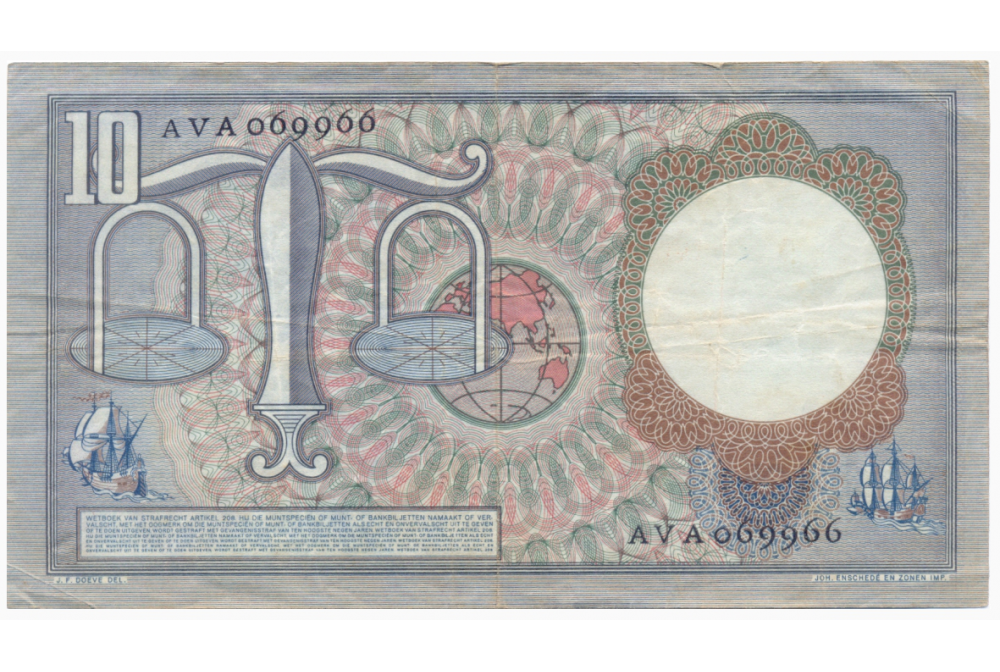 Billete Holanda 10 Gulden 1953 Jurista Hugo Van Groot  - Numisfila