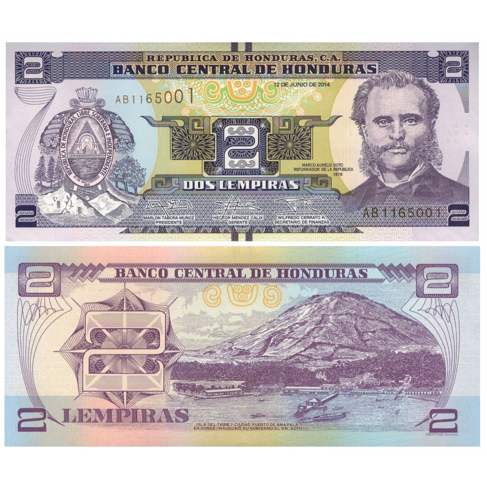 Billete Honduras 2 Lempiras 2014 Marco Aurelio Soto  - Numisfila