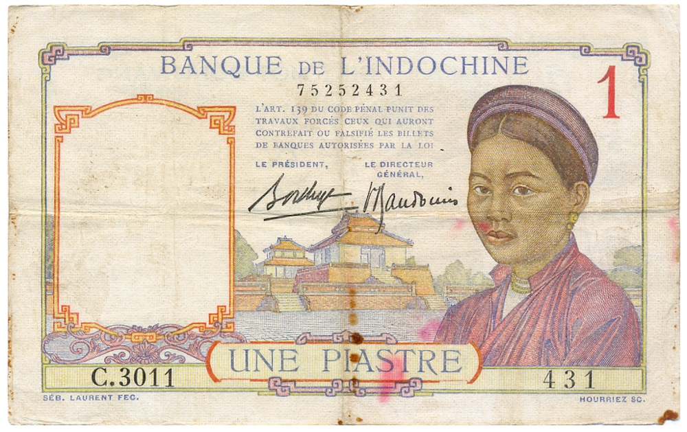 Billete Indochina Francesa 1 Piastre 1936 Tumba de Minh Mang  - Numisfila