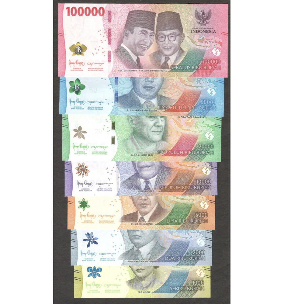 Indonesia Set Completo 7 Billetes Emisión 2022 Serie Nueva 1000 a 100000 Rupiah   - Numisfila