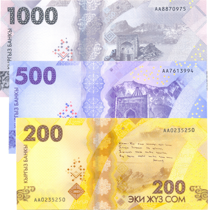 Set 3 Billetes Kirguistan 200,500 y 1000 Som 2023 Conmemorativos   - Numisfila