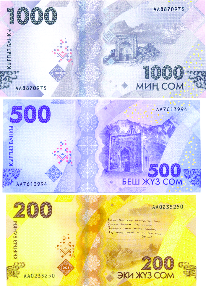 Set 3 Billetes Kirguistan 200,500 y 1000 Som 2023 Conmemorativos   - Numisfila