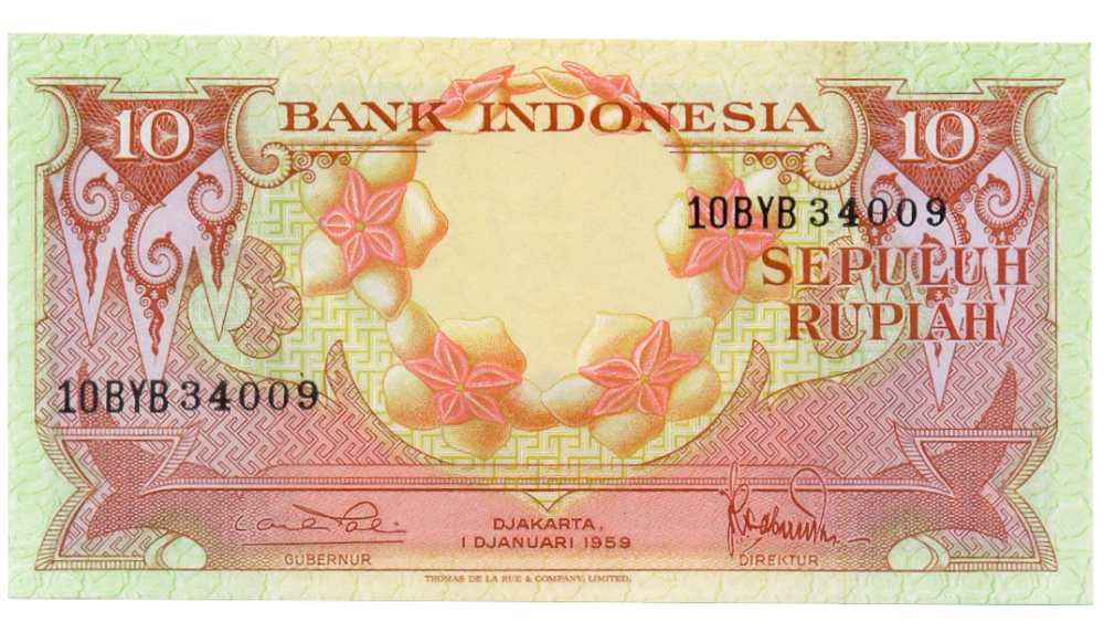 Billete Indonesia 10 Rupiah 1959 Flores y Cacatúas - Numisfila