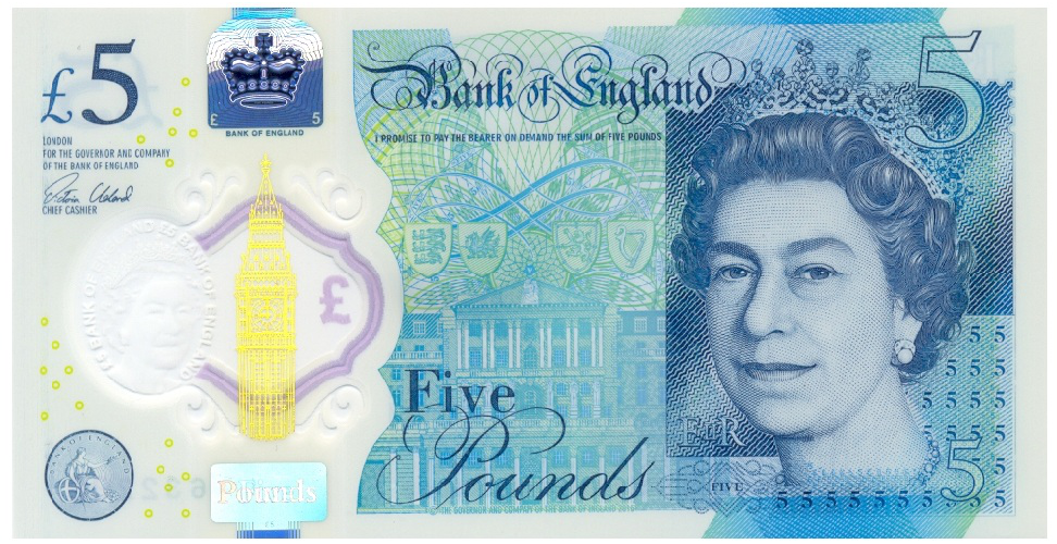 Billete Plástico Inglaterra 5 Pounds 2015-2016 Reina Isabel II   - Numisfila