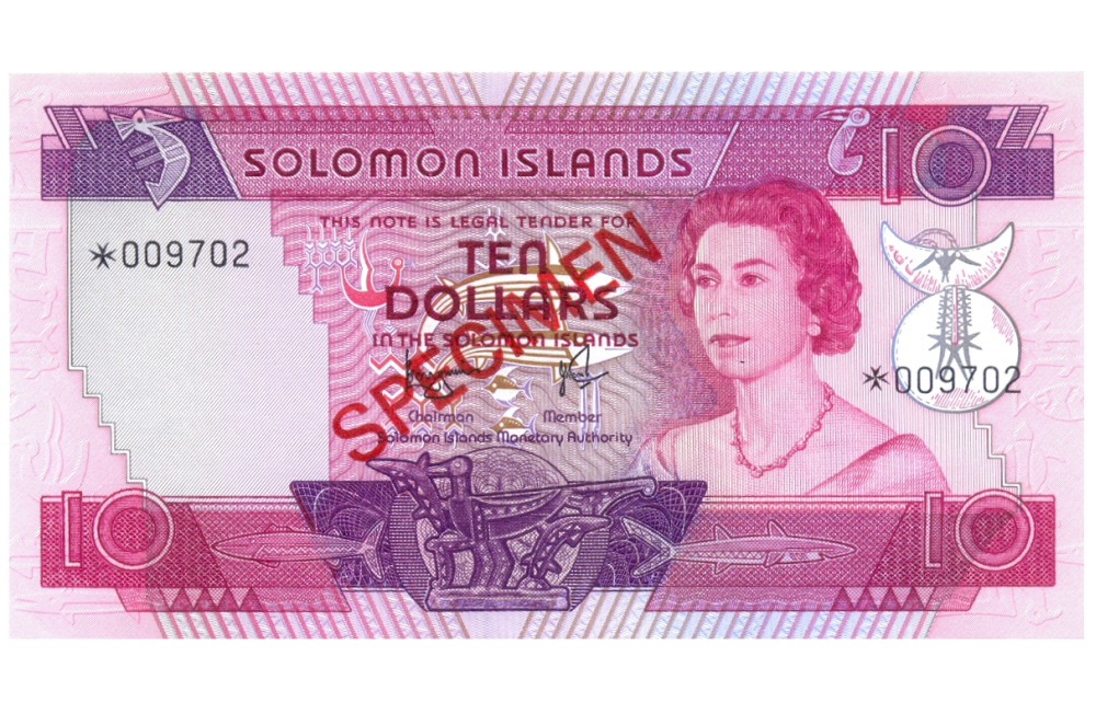 Billete SPECIMEN Islas Salomon 10 Dollars 1977 #009702 - Reina Isabel II - Numisfila