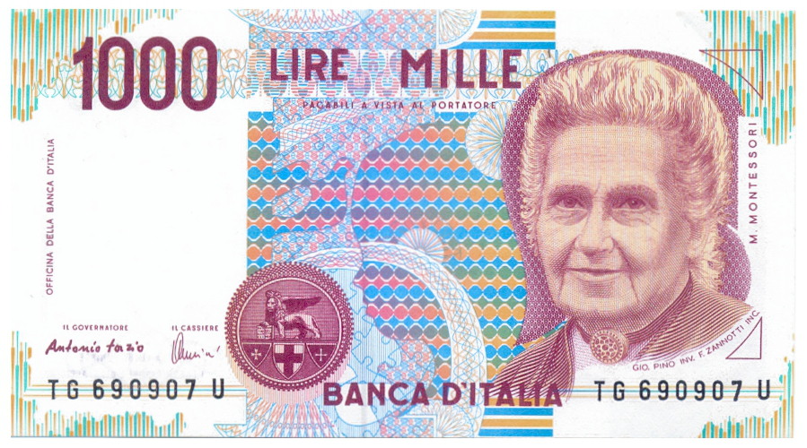 Billete Italia 1000 Liras 1990 Montessori  - Numisfila