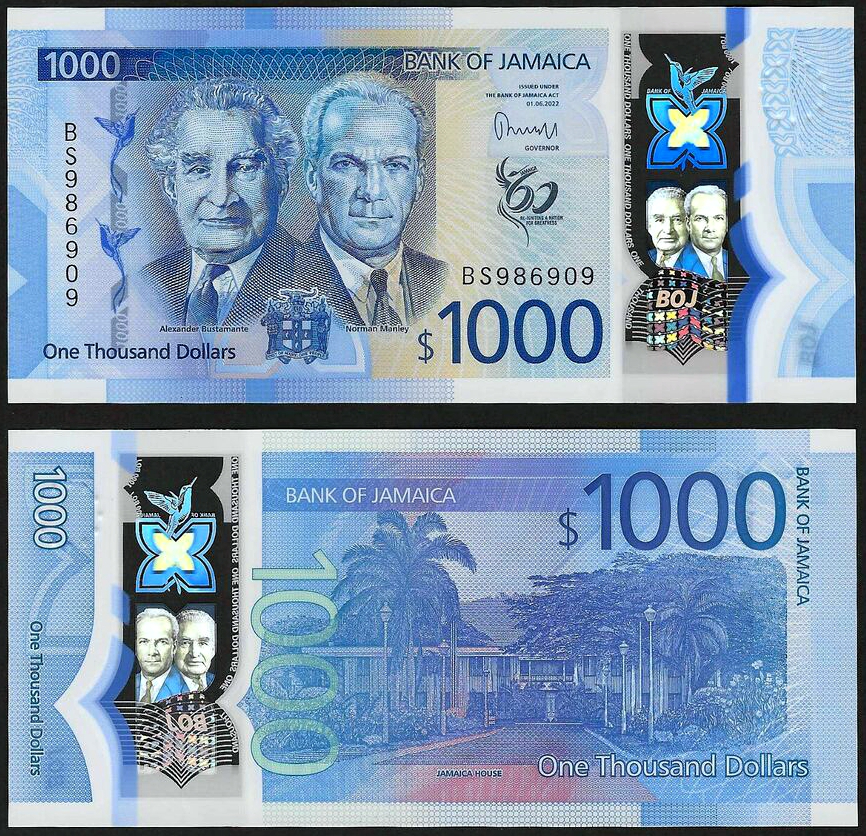  Billete Plástico Jamaica 1.000 Dólares 2022 Conmemorativo  - Numisfila