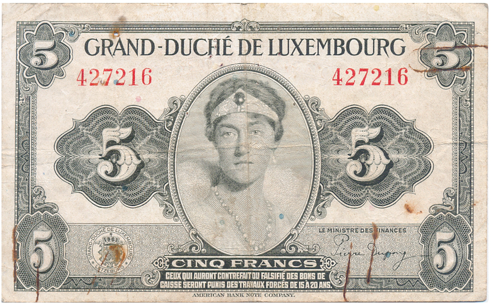 Billete Luxemburgo 5 Francos 1944 Gran Duquesa Carlota  - Numisfila