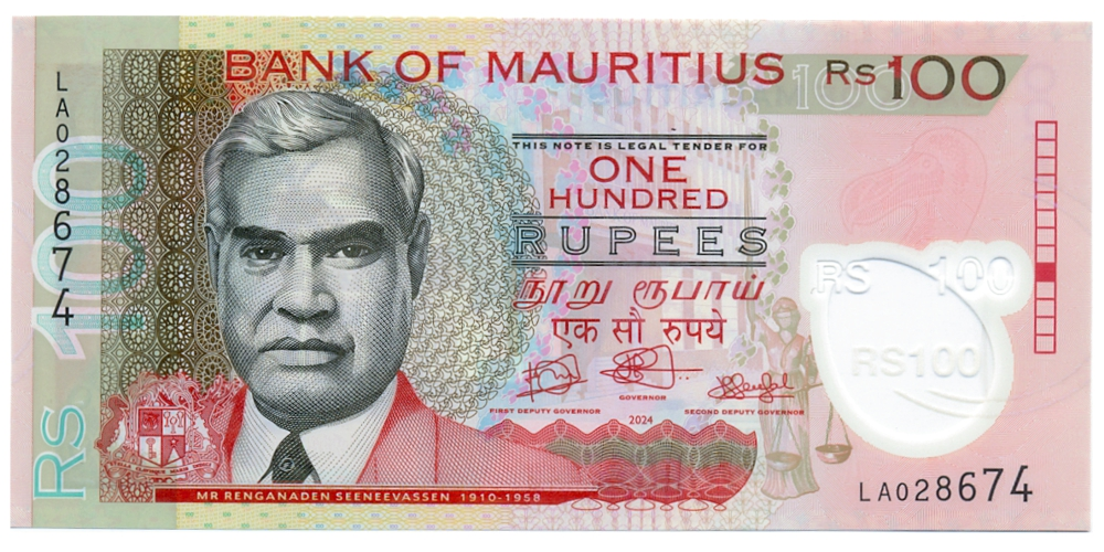 Billete Plastico Mauricio 100 Rupees 2024  - Numisfila